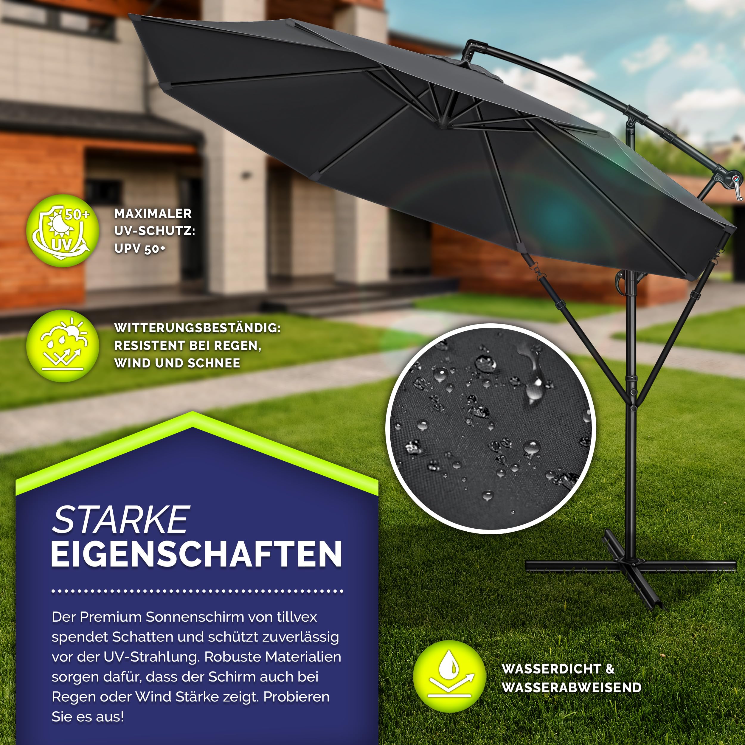 tillvex Alu Sonnenschirm + Abdeckung Ø 300 cm mit Kurbel | Ampelschirm mit Ständer & Windschutz | Gartenschirm UV-Schutz Aluminium | Kurbelschirm Marktschirm wasserdicht 360° drehbar Anthrazit 2