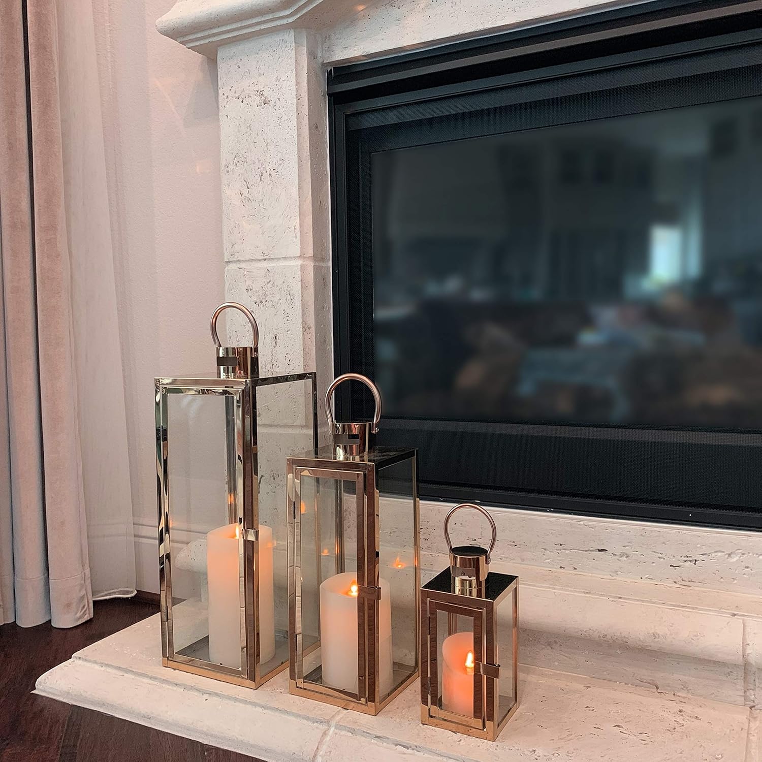 Allgala 3-PC Set Jumbo Luxury Modern Indoor/Outdoor Hurricane Candle Lantern Set with Chrome Plated Structure and Tempered Glass-Cuboid Rose Gold-HD88014: Kitchen & Dining
