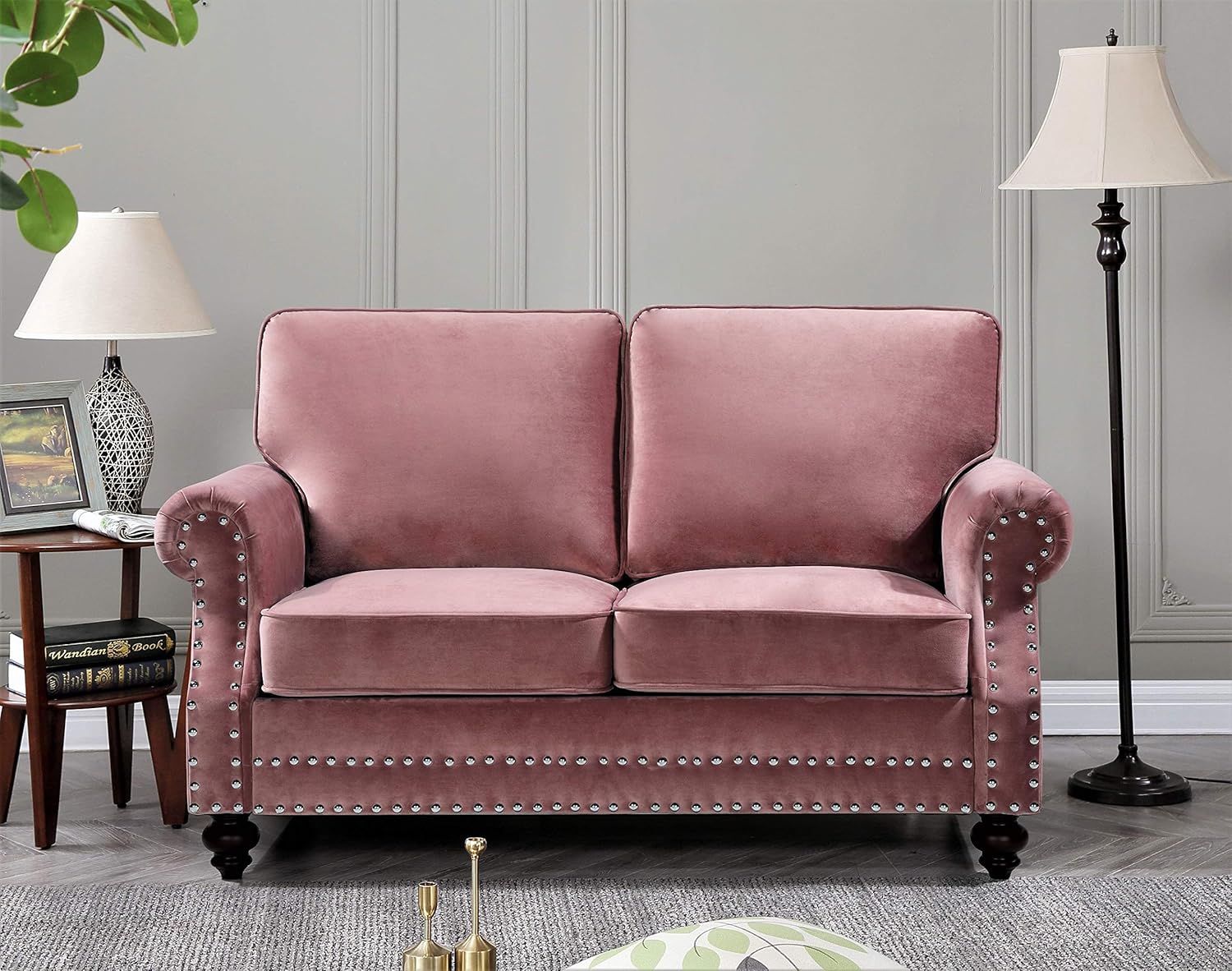 Container Furniture Direct Lotus Mid Century Modern Velvet Upholstered Living Room Rolled Arms, Sofa and Loveseat, Rose: Furniture & Decor