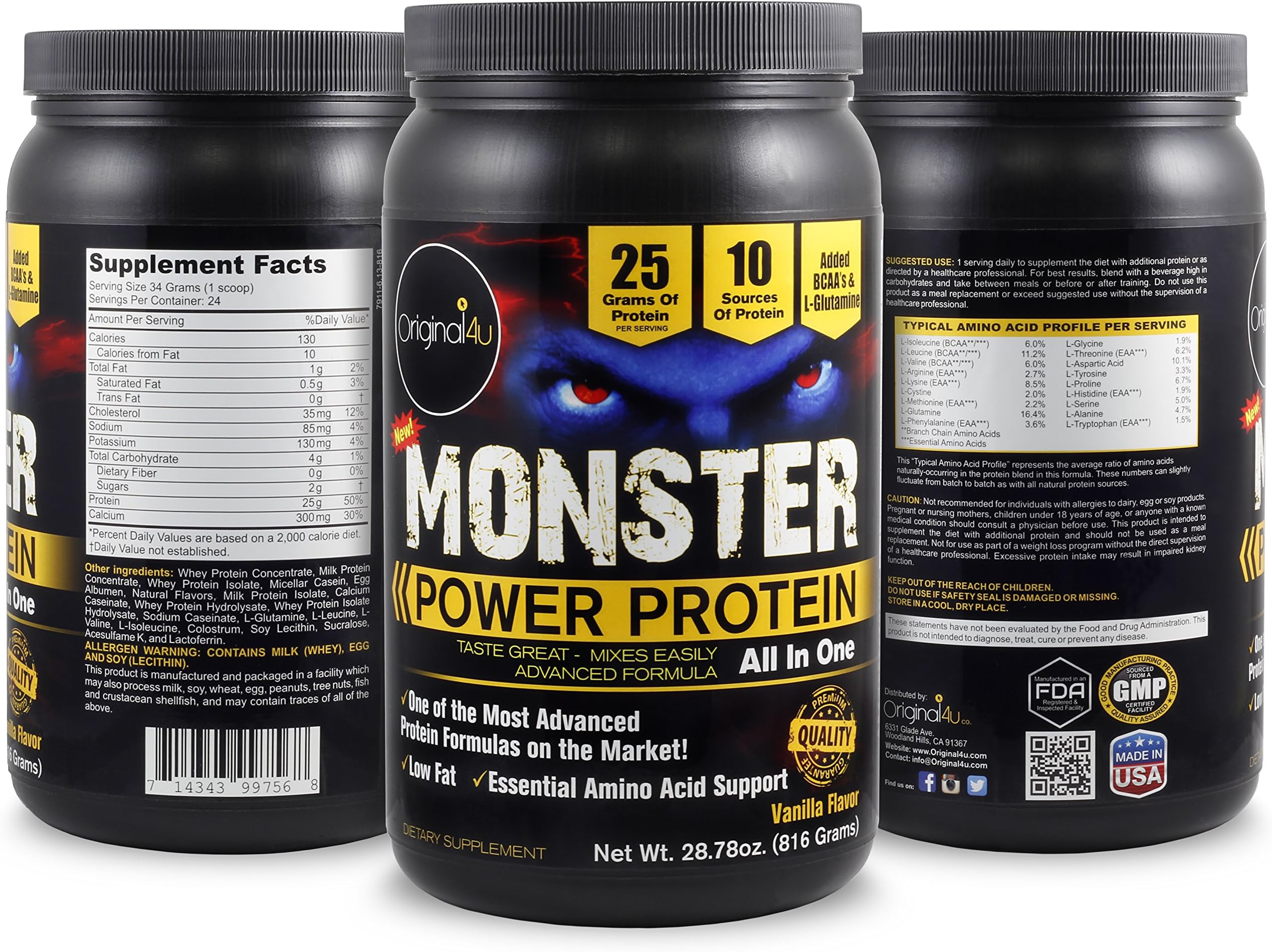 MONSTER POWER PROTEIN,25 gr ALL IN ONE Protein Blend,10 SOURCE,ADVANCED FORMULA,-LOW FAT-TASTE GREAT,Whey Protein Concentrate&Isolate,Casein,Milk,Calcium,BCAA,L-GLUTAMINE,