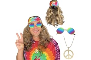 Watt's Wigs - Hippie Costume Set, Brown Wig, Tie Dye Headband, Rainbow Sunglasses, and Peace Medallion Necklace - 60s or 70s Hippy Woodstock Cosplay