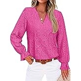 RUMIA Womens Blouses V Neck Eyelet Lace Tops with Lining Dressy Sheer Long Sleeve Shirts Embroidered Blouses 2025 Fashion