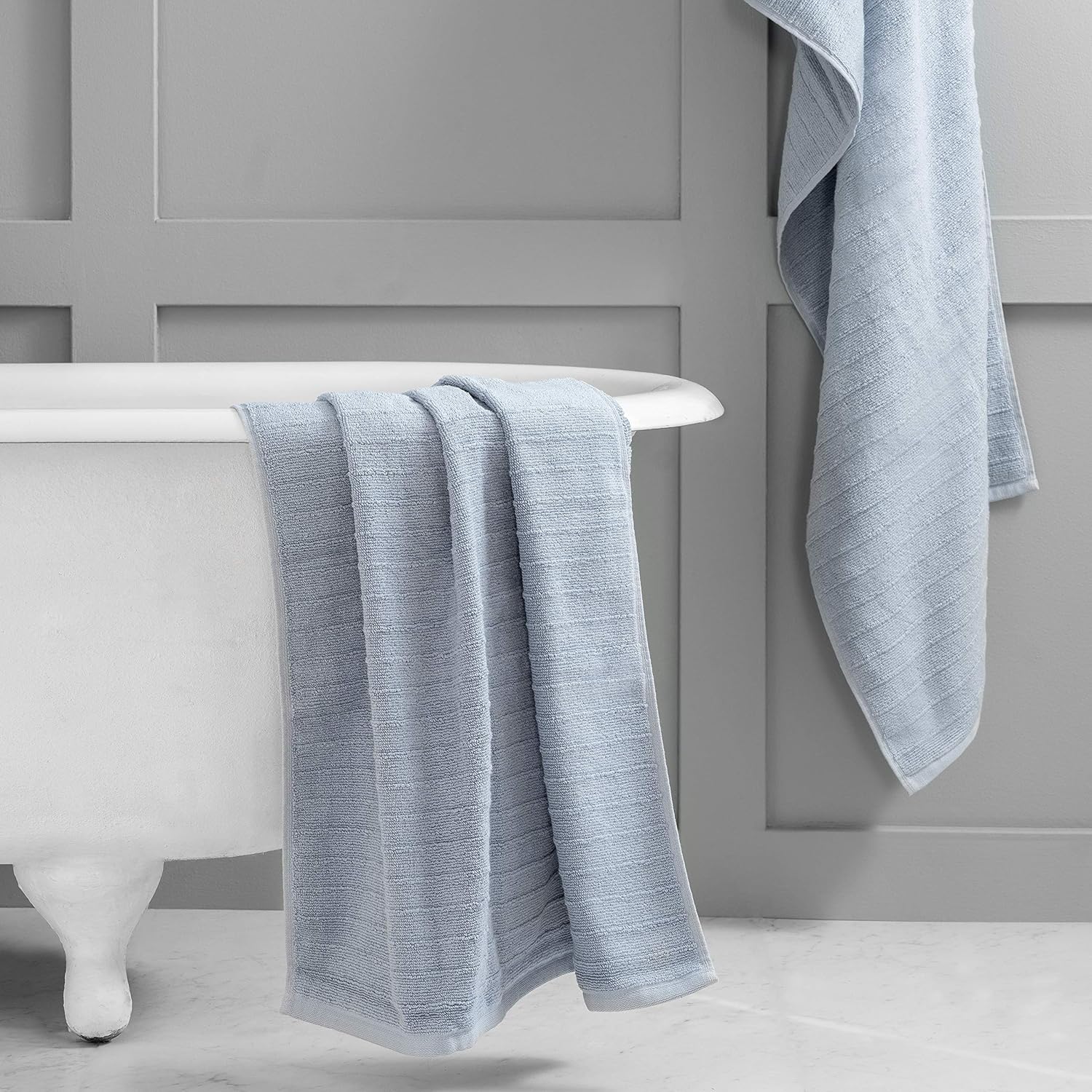 Welhome James 100% Cotton 2 Piece Bath Sheets | Dusty Blue | Stripe Textured | Supersoft & Durable | Highly Absorbent & Quick Dry | Ideal for Everyday Use | 450 GSM | Machine Washable: Home & Kitchen