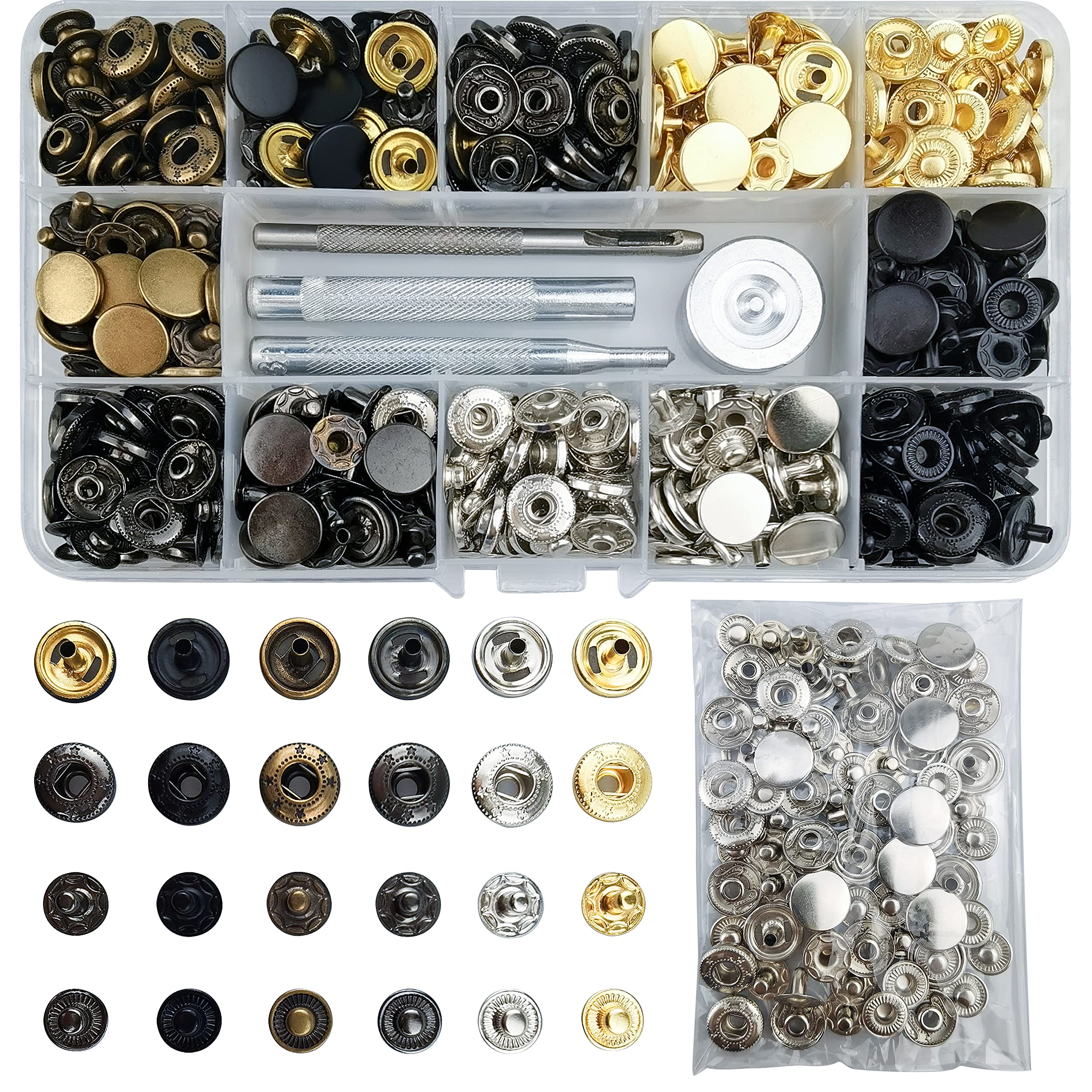 TmppDeco 158 Sets 12.5mm Brass Snap Fastener Kit with 4 Setting Tools, 6-Color Press Studs No Sewing Snap Buttons for Sewing, Clothes, Jackets, Leather, Jeans Wears, Bracelets, Bags — image 1