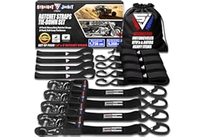 Ratchet Straps Tie Down Kit Incl. (4) Heavy Duty Rachet Tiedowns (1.6" x 8') with Coated S Hooks + (4) Soft Loop Tie-Downs (17") - 5,208 Total Break Strength by Straight Jacket Crew (Black)