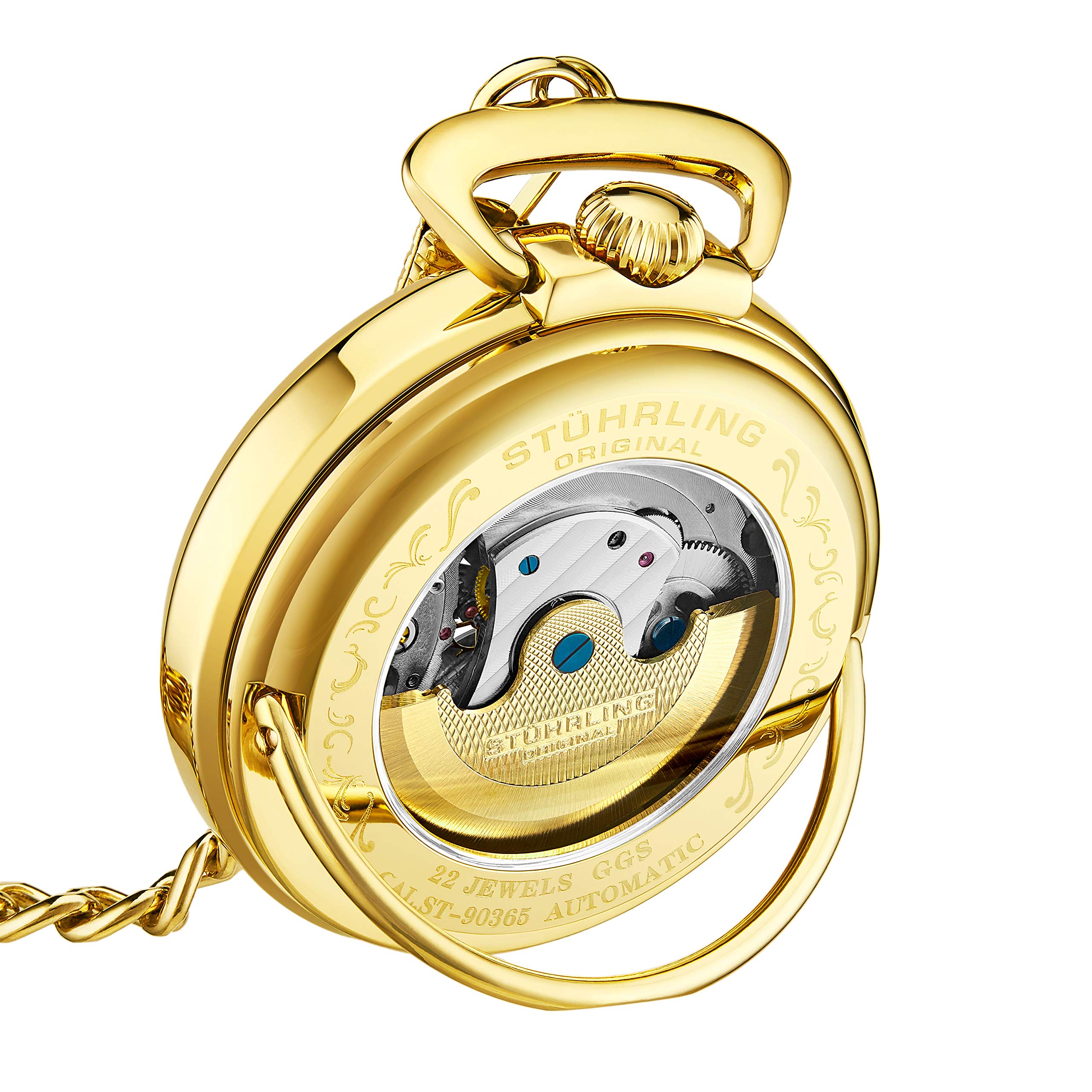 Stuhrling Orignal Mens Pocket Watch Automatic Watch Skeleton Watches for Men -Gold Pocket Watch - Mechanical Watch with Belt Clip and Stainless Steel Chain -Dual Time AM/PM Subdia
