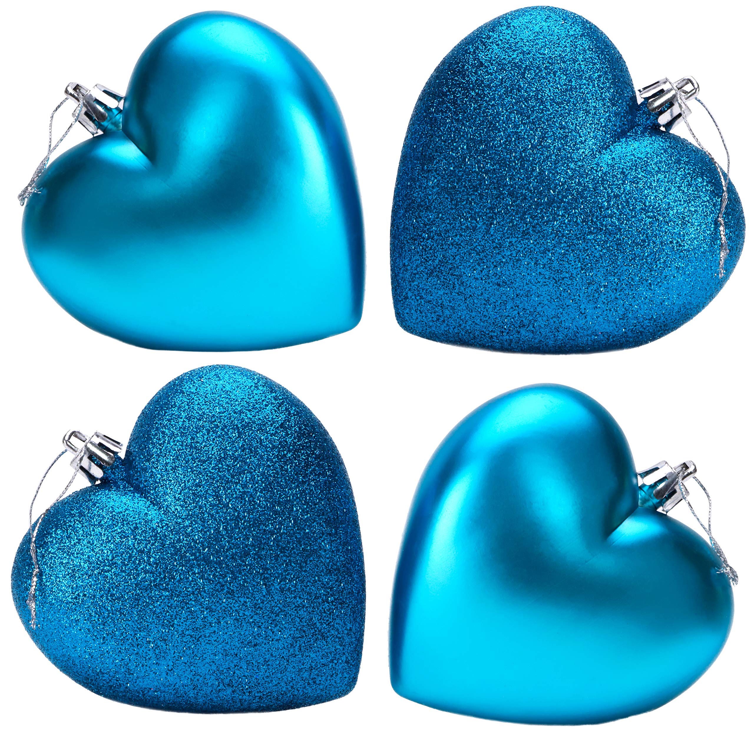 Christmas Concepts® 4-100mm Heart Shaped Baubles - Matte & Glitter Design - Christmas Decoration (Turquoise)