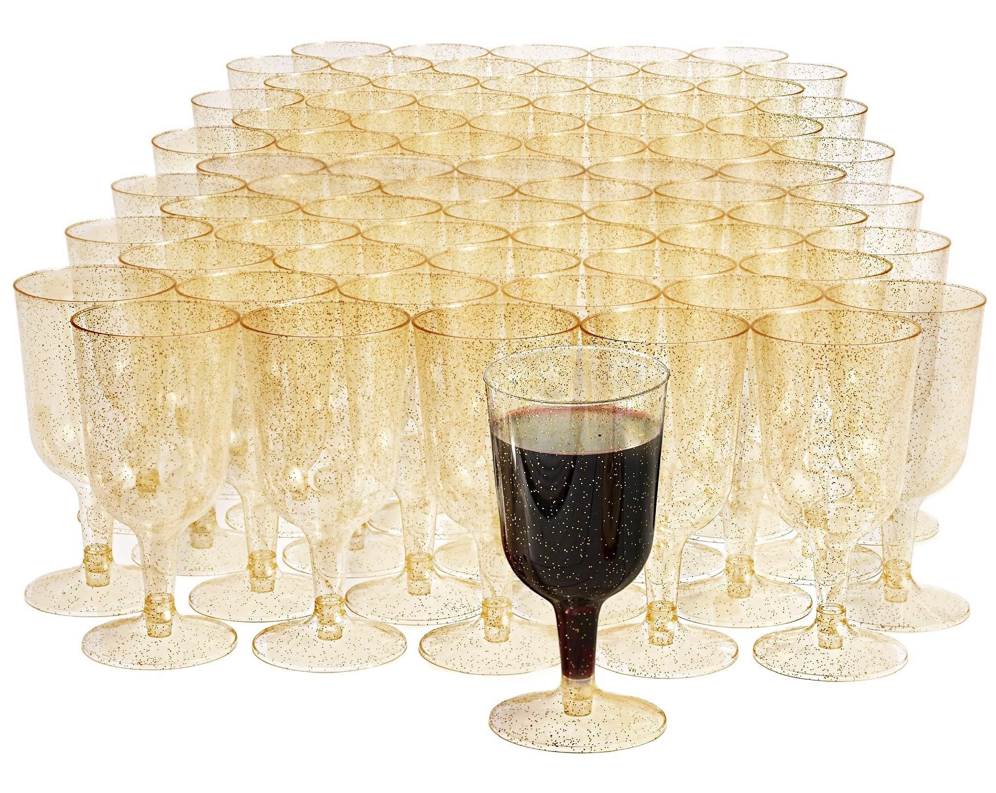 MATANA 100 Premium Plastic Wine Glasses with Gold Glitter (180ml) - Hard Plastic Wine Glass, Reusable Wine Cups for Cocktails, Dessert for Large Parties, Weddings, Birthdays, Christmas, BBQ