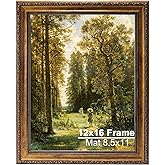 Pequecom 12x16 Vintage Gold Picture Frame, Ornate Victorian Frames for Gallery Wall or Tabletop with Real Glass, Display Art 8.5x11 with Mat or 12x16 without Mat for Antique Déco