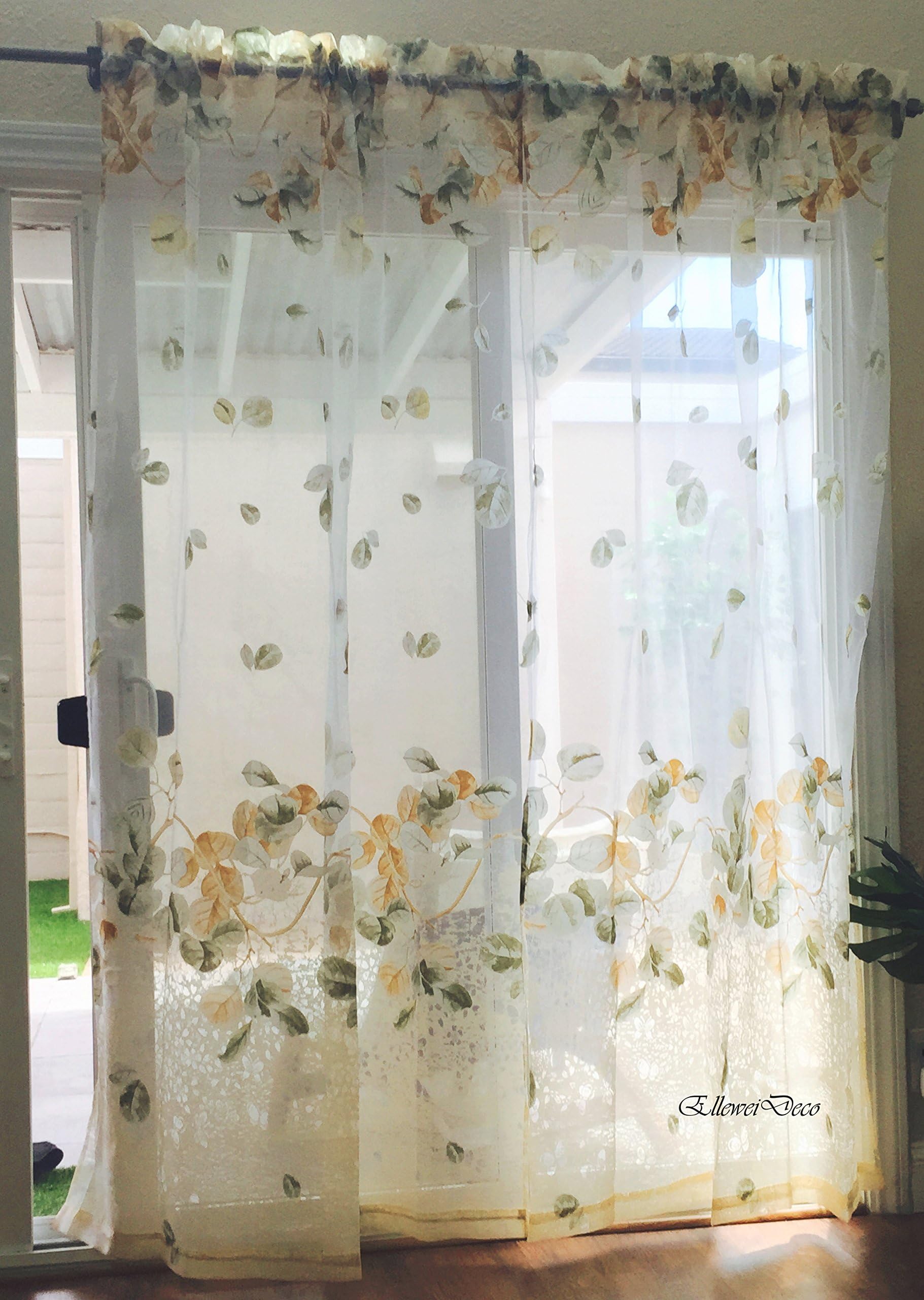 Elleweideco Modern Green and Autumn Leaf White Window Sheer