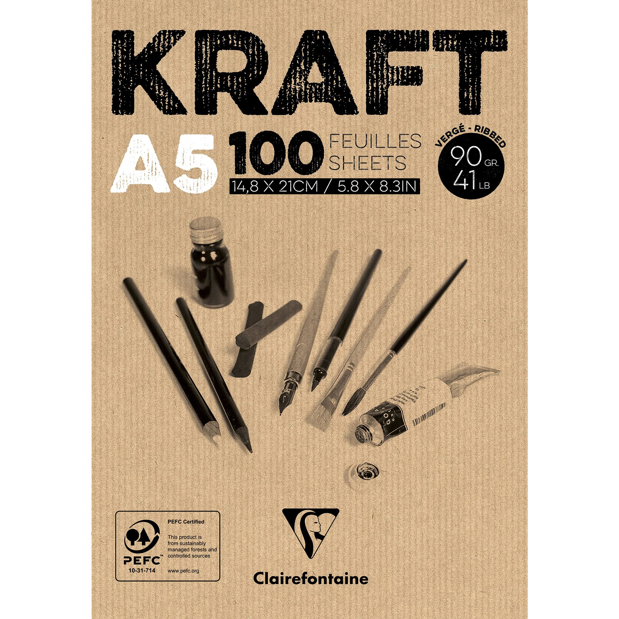 Clairefontaine - Ref 96544C - Kraft Glued Pad (100 Sheets) - A5 (210 x 148mm) Size, 90gsm Paper, Acid Free, pH Neutral - Suitable for Painting & Drawing - Brown