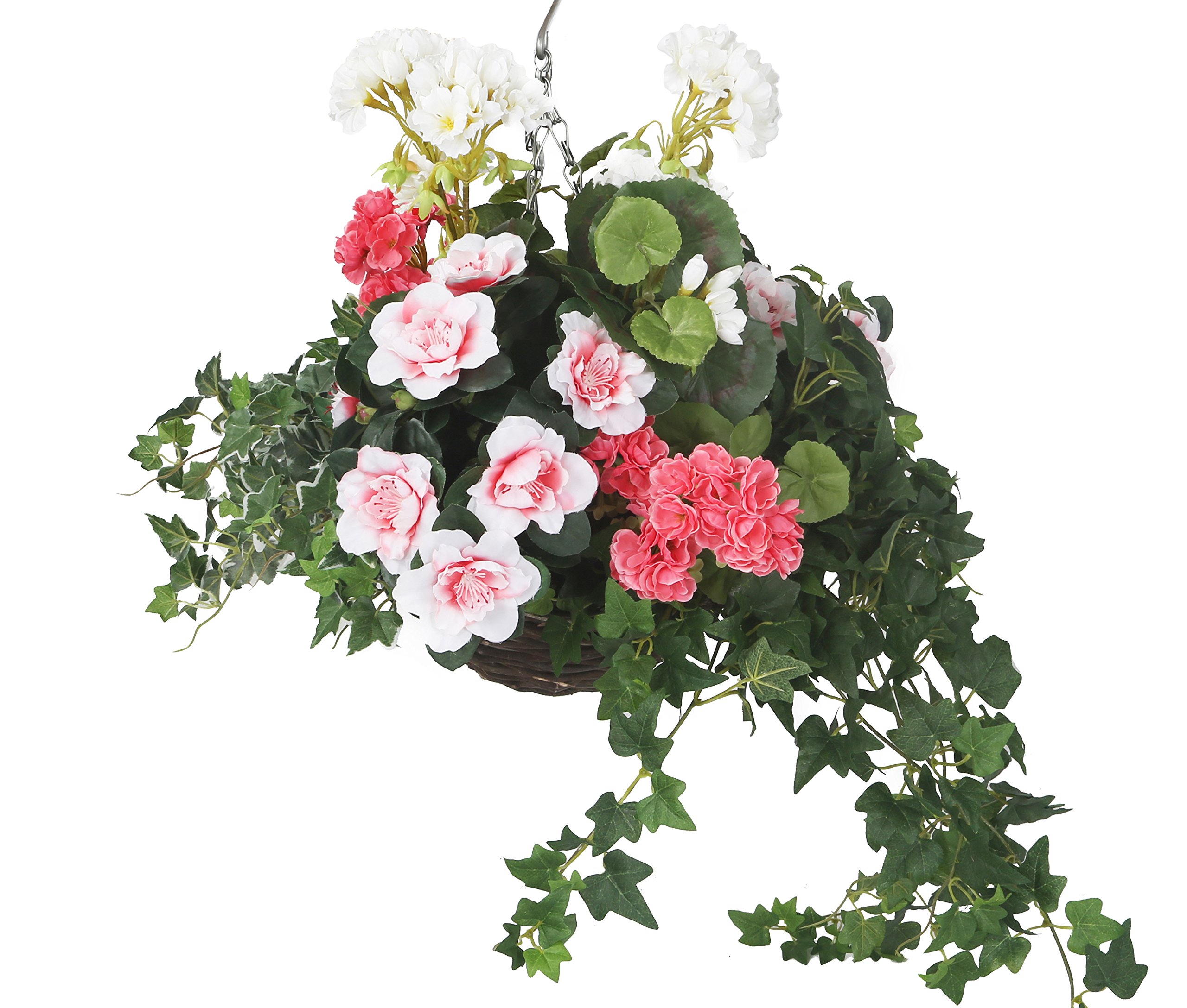 Closer2Nature Artificial Pink and White Azalea and Geranium Display in a 10" Round Willow Hanging Basket