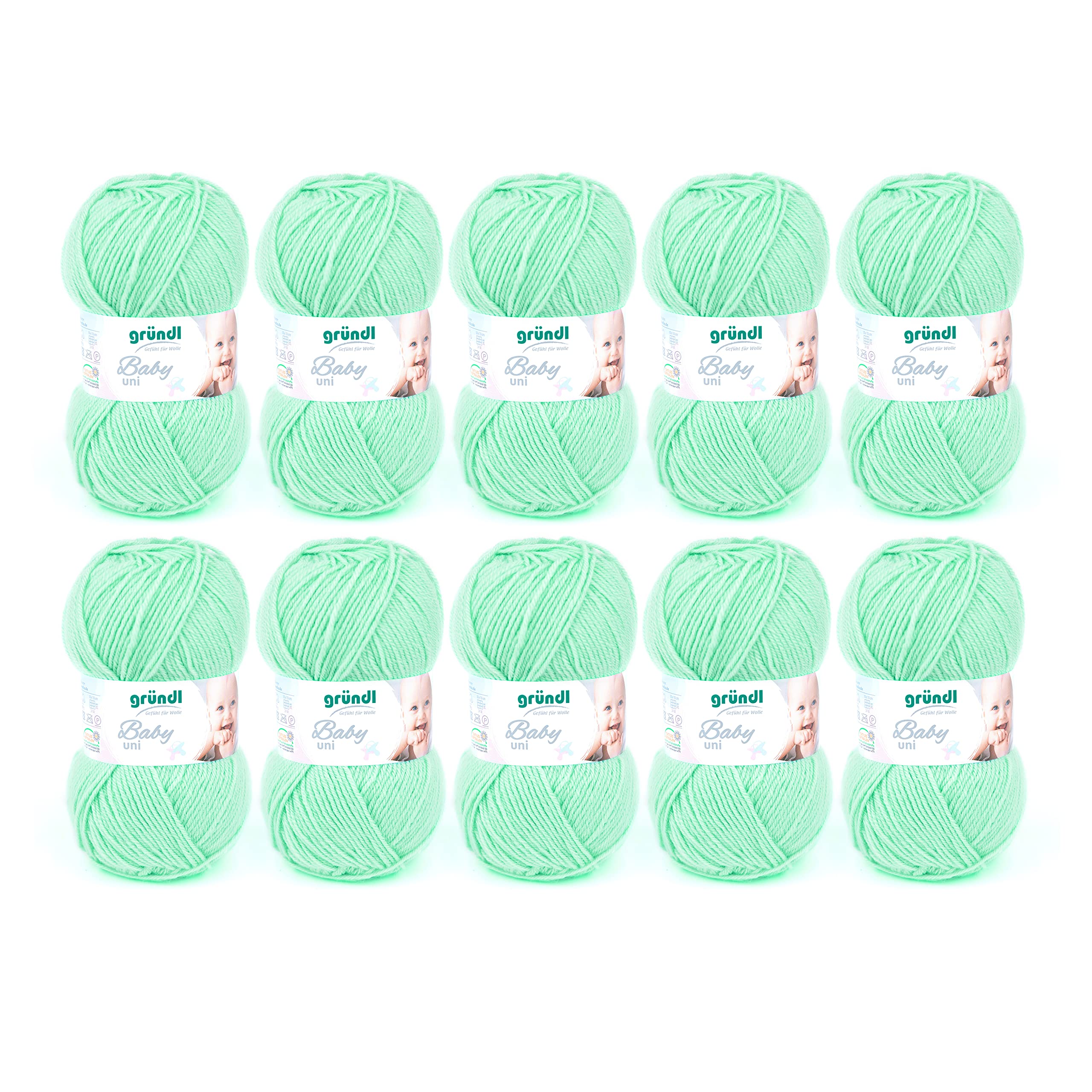 Gründl Baby Uni knitting/crochet yarn (hard wearing and easy-care, made of 70% polyacrylic and 30% polyamide, 50 g / 150 m, needle size: 3.5-4.5mm, 10 x 50 g), Mint