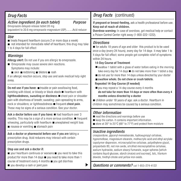 AMAZON BASIC CARE OMEPRAZOLE DELAYED RELEASE TABLETS 20 MG, ACID REDUCER, TREATS FREQUENT HEARTBURN,, CREAM, REGULAR, 42 COUNT (PACK OF 1), 42 COUNT,