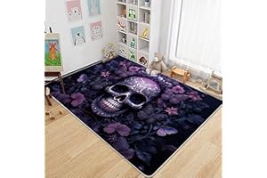 RUGROOM Purple Skull Area Rug Butterfly Flower Skull Print Non-Slip Washable Floor Mat Modern Floral Rug for Living Room Bedroom Haunted House Botanical Rugs Halloween 3x5ft
