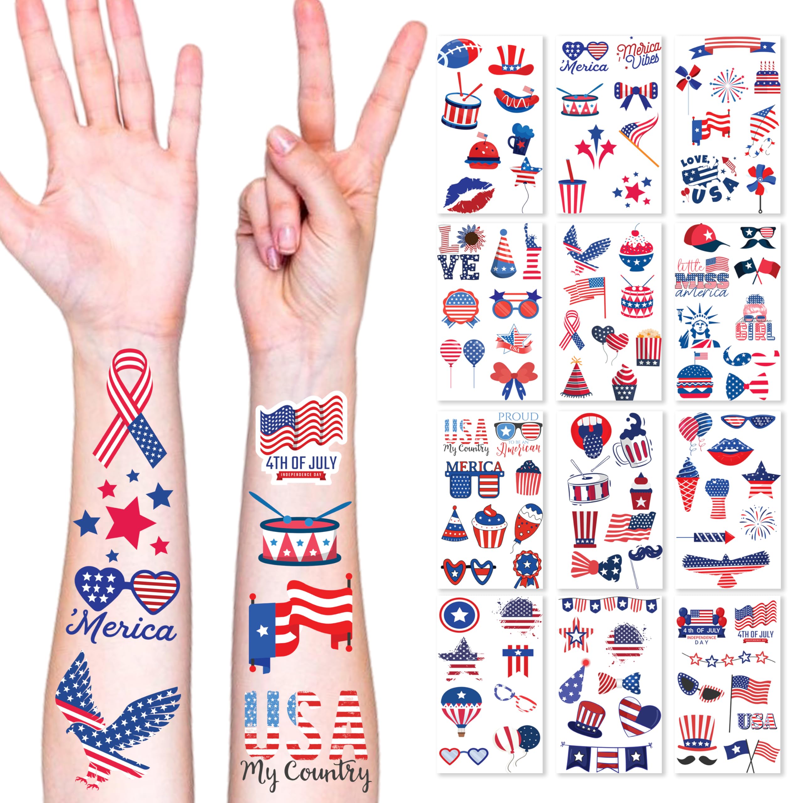 Photo 1 of  104E’s Novelty Patriotic Temporary Tattoos 100 Pcs, 4th of July Tattoos for Kids, American Flag Temporary Tattoos, Waterproof Fake Tattoos for Independence Day Party Supplies, Memorial Day Decorations