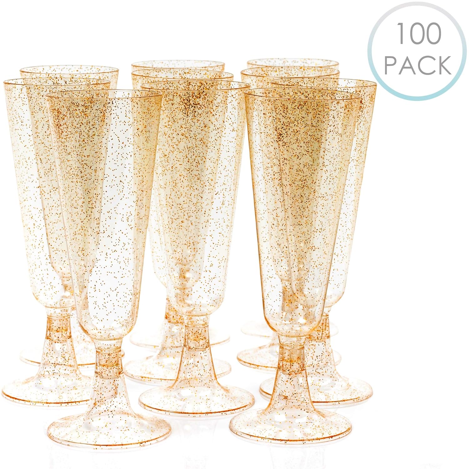 100 Plastic Disposable Champagne Glasses Flutes Glitter Gold Party