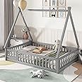 Mirightone Tent Floor Bed for Kids Full Size Montessori Floor Bed with Slats and Guardrails Wood Teepee Bed Frame with Fence and Door for Boys Girls, Grey