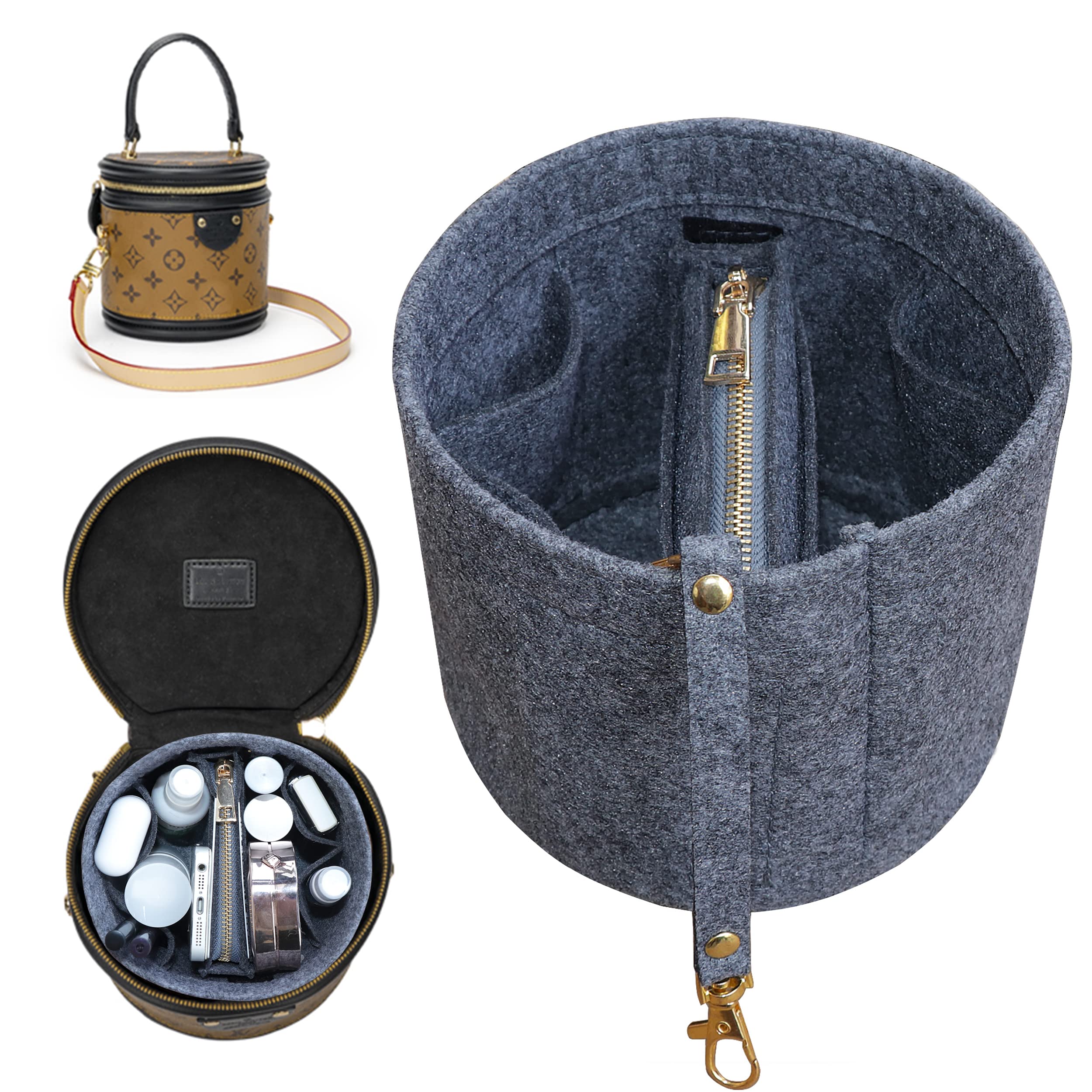 Soyizom Cylinder Bucket Organiser Insert - Felt With Detachable Pouch and Key Chains - Perfect for Cannes Barrel Shape Purse, Grey