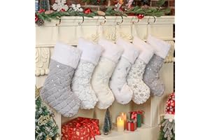 Amorita White Christmas Stockings Set of 6 - Lage Elegant Xmas Stockings with Silver Christmas Tree Snowflake Designs, Fluffy Grey and White Christmas Stockings for Holiday Party Decorations 20 inch