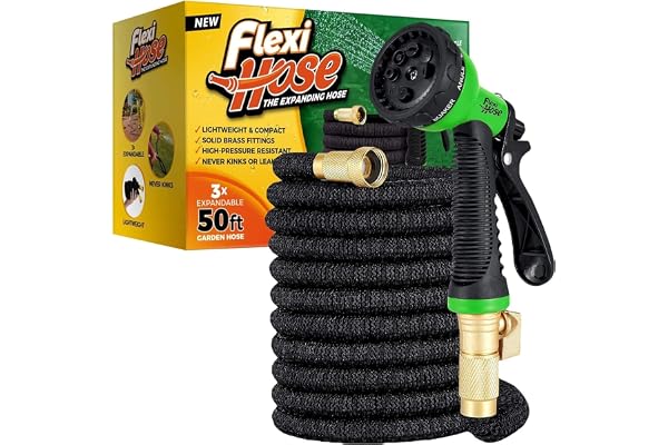Flexi Hose with 8 Function Nozzle Expandable Garden Hose, Lightweight & No-Kink Flexible Garden Hose, 3/4 inch Solid Brass Fi