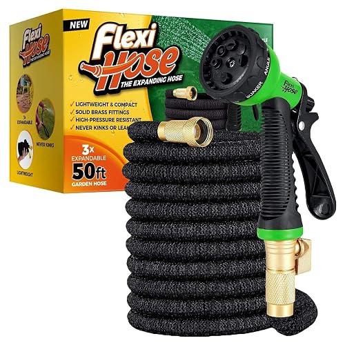 Flexi Hose with 8 Function Nozzle Expandable Garden Hose, Lightweight & No-Kink Flexible Garden Hose, 3/4 inch Solid Brass Fittings and Double Latex Core, 50 ft Black