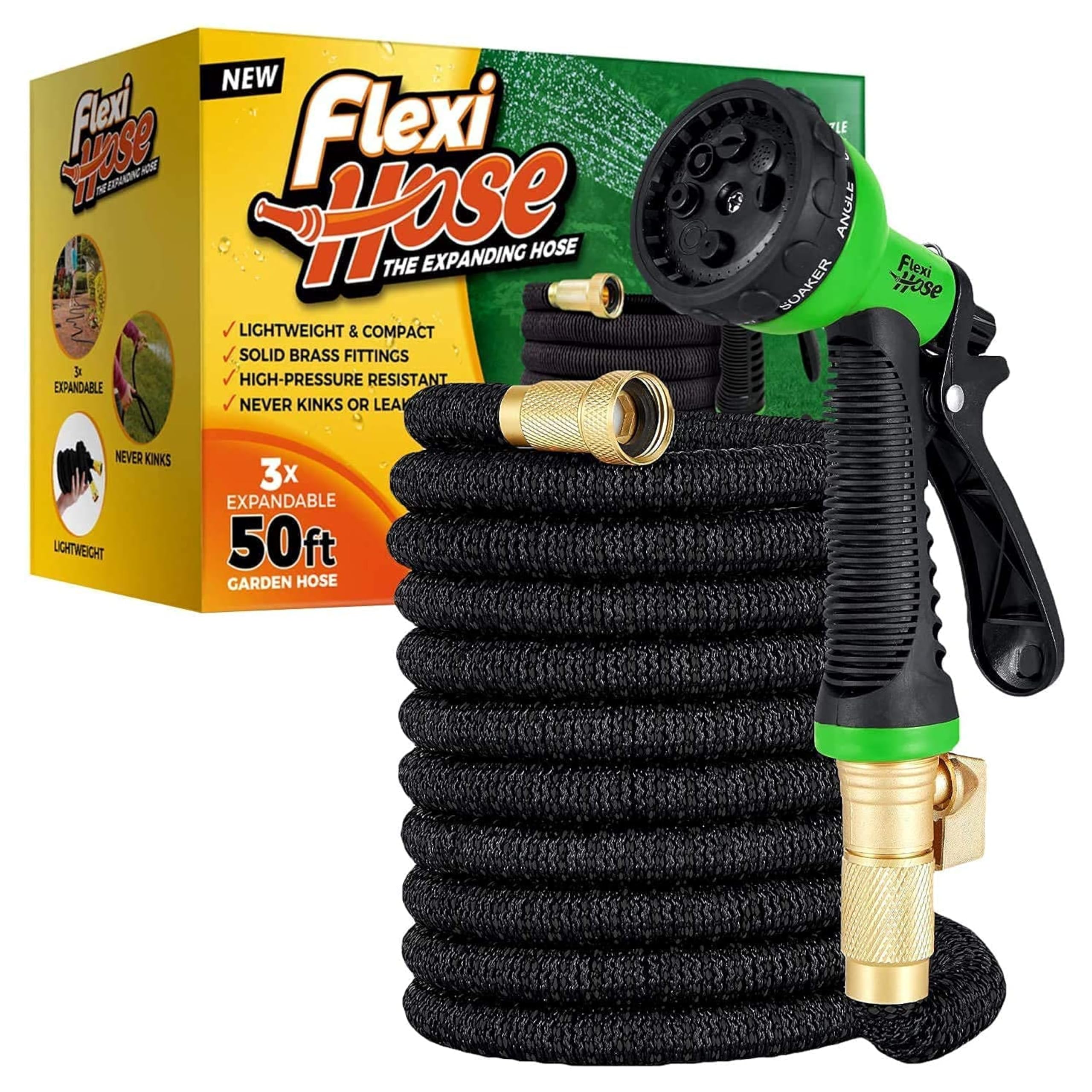 Extendable Garden Hose Pipe - 8 Function Spray Gun - Extra Strength & Solid Brass Fittings - The Ultimate No-Kink Flexible Water Hose (Black, 15 Metres) Perfect for Fathers Day