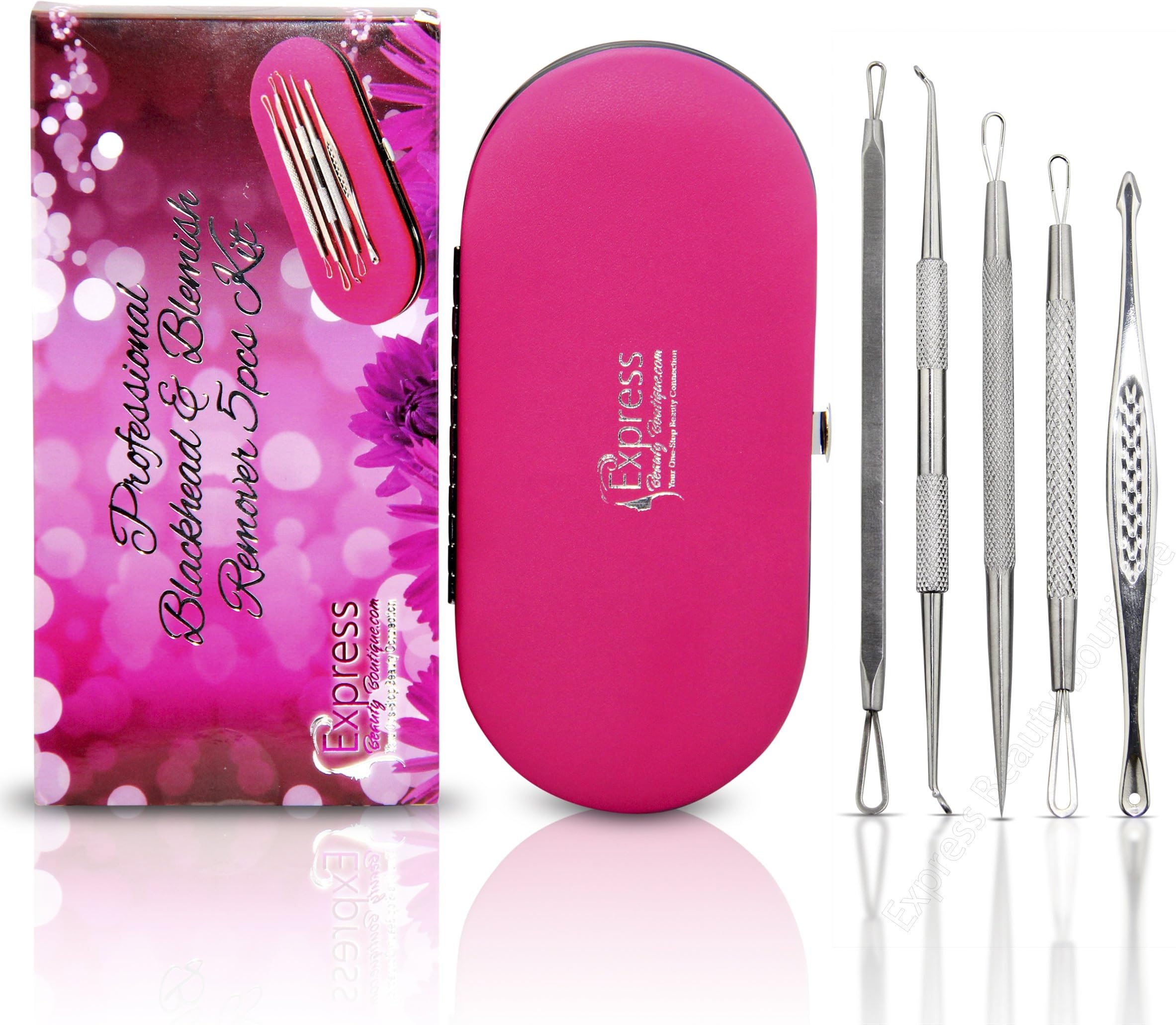 Blackhead & Blemish Remover 5pcs Kit. Blackheads Extractor, Comedone Whitehead Tools Remover for Acne Skin. Pink Case Set by Express Beauty Boutique. Get your Best Beauty Gift!
