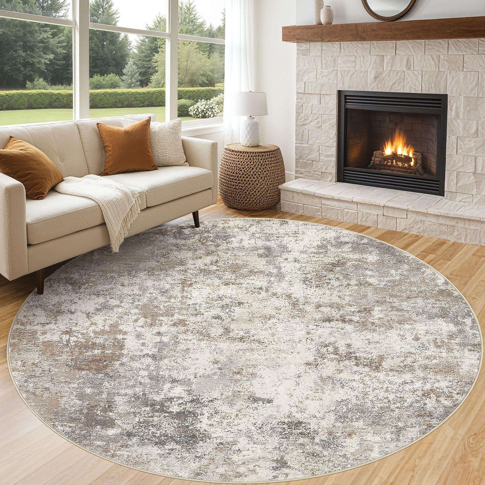 Photo 1 of **MINOR DAMAGE - USED**
UERMEI 8ft Round Area Rug Living Room Rugs - 8x8 Washable Neutral Modern Abstract Soft Thin Rug Indoor Floor No Slip Rug Carpet for Bedroom Under Dining Table Home Office Decor - Brown Grey
