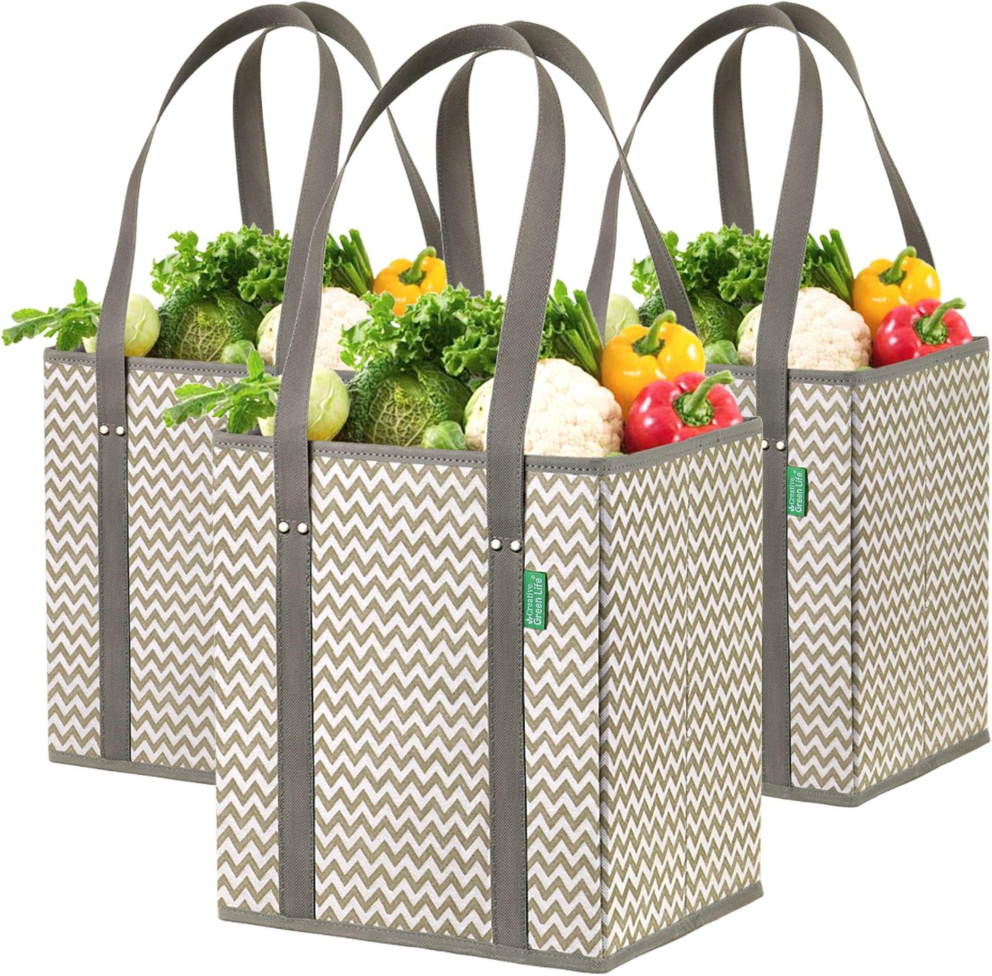 Reusable Shopping Box Bags (3 Pack Chevron). Large, Premium Quality, Heavy Duty Shopper Tote Set with Extra Long Handles, Reinforced Bottom. Foldable, Collapsible, Durable, Eco Friendly