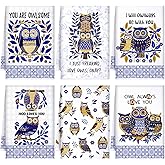 Bencailor 6 Pack Decorative Kitchen Towels Sets Hand Dish Towels Farmhouse Funny Southwest Aztec Rose Design Bathroom Tea Cloth for Home Supplies 16" x 24"(Blue White,Owl)