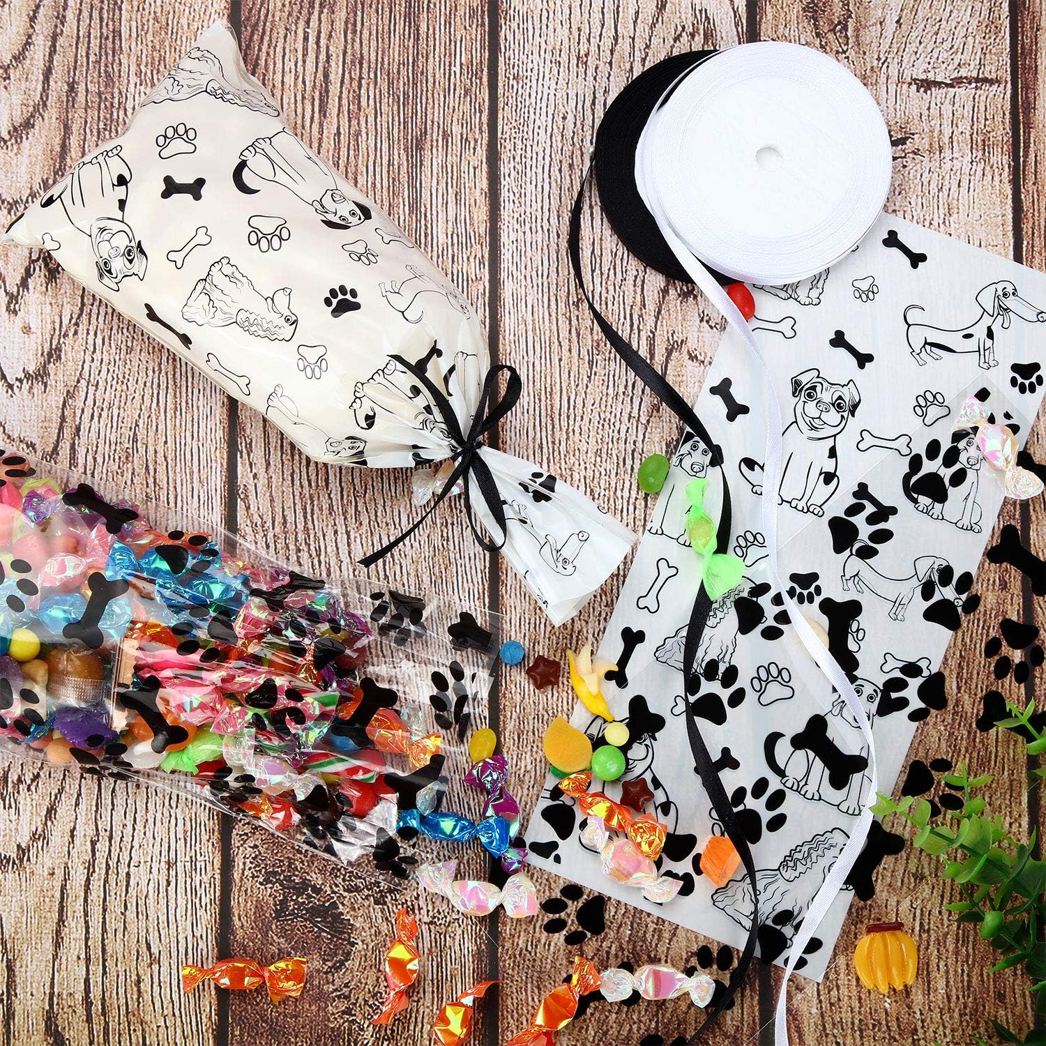 100 Pieces Dog Paw Bone Print Treat Bags Puppy Dogs Cellophane Bags Candy Gift Bags with 2 Rolls Ribbon Ties for Pet Treat Party Favor (Dog Pattern Style): Health & Personal Care