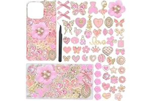 Pink Junk Case Charms,Elegant Bow Butterfly Gold Charm for Making Phone Cases,Rhinestone Charm for Junk Socks,3D Flower Heart