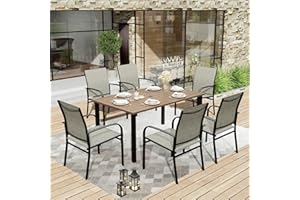 HERA'S HOUSE 7 Pieces Outdoor Dining Sets, 60" Wood-Like Metal Table with Umbrella Hole, All Weather Patio Table and Chairs Set for Pool Lawn Garden Porch
