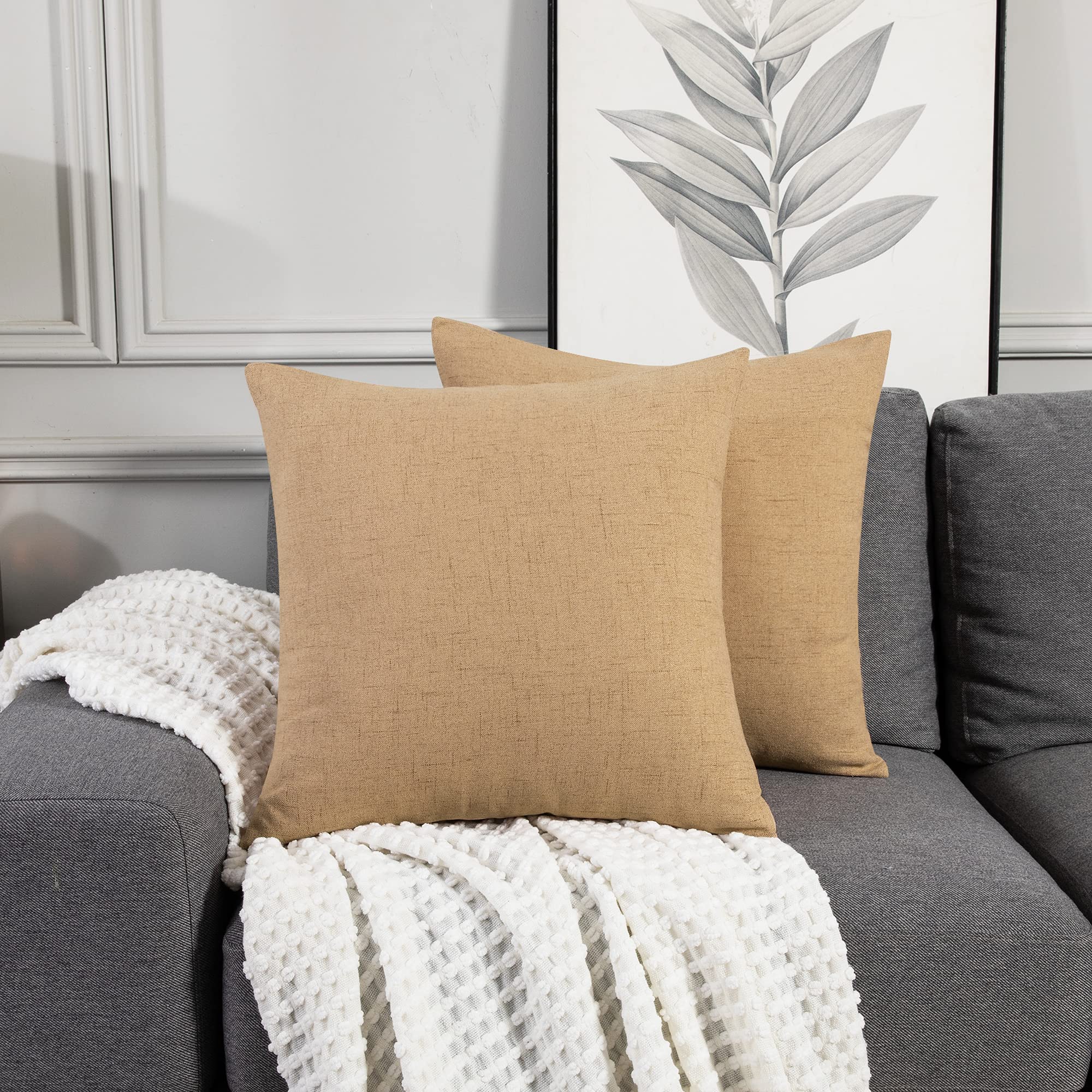 Deconovo Faux Linen Cushion Covers, Square Throw Pillow Cases Cushion Protectors for Sofa with Invisible Zipper, 16x16 Inch, 2 Pieces, Honey Gold