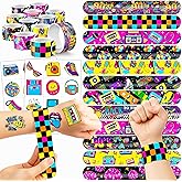 72PCS 90s & 80s Party Favors - 48PCS Pre-Cut Tattoos & 24PCS Slap Bracelets, Retro 90s Birthday Party Supplies Decorations, Ideal for Kids’ Classroom Prizes & Rewards for Boys & Girls