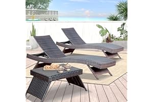 Asifom PE Rattan Adjustable Backrest Chaise Lounge Set 2 with 1 Side Table, Outdoor Pool Recliner Patio Chairs Lounge Chair Set 2 with 1 Coffee Table for Outside Beach Poolside Sunbathing