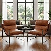LukeAlon Set of 2 Modern PU Leather Accent Armchair, Brown | Pu Leather Upholstered Living Room Chair With Metal Base &amp; Thickened Cushion