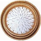 i-lan Set of 3 Rattan and Mother of Pearl Round Serving Trays,3pcs Desk Table Serving Platters,Woven Basket Inlaid Mother of Pearl Plates for Home Décor, Coffee Table,Display