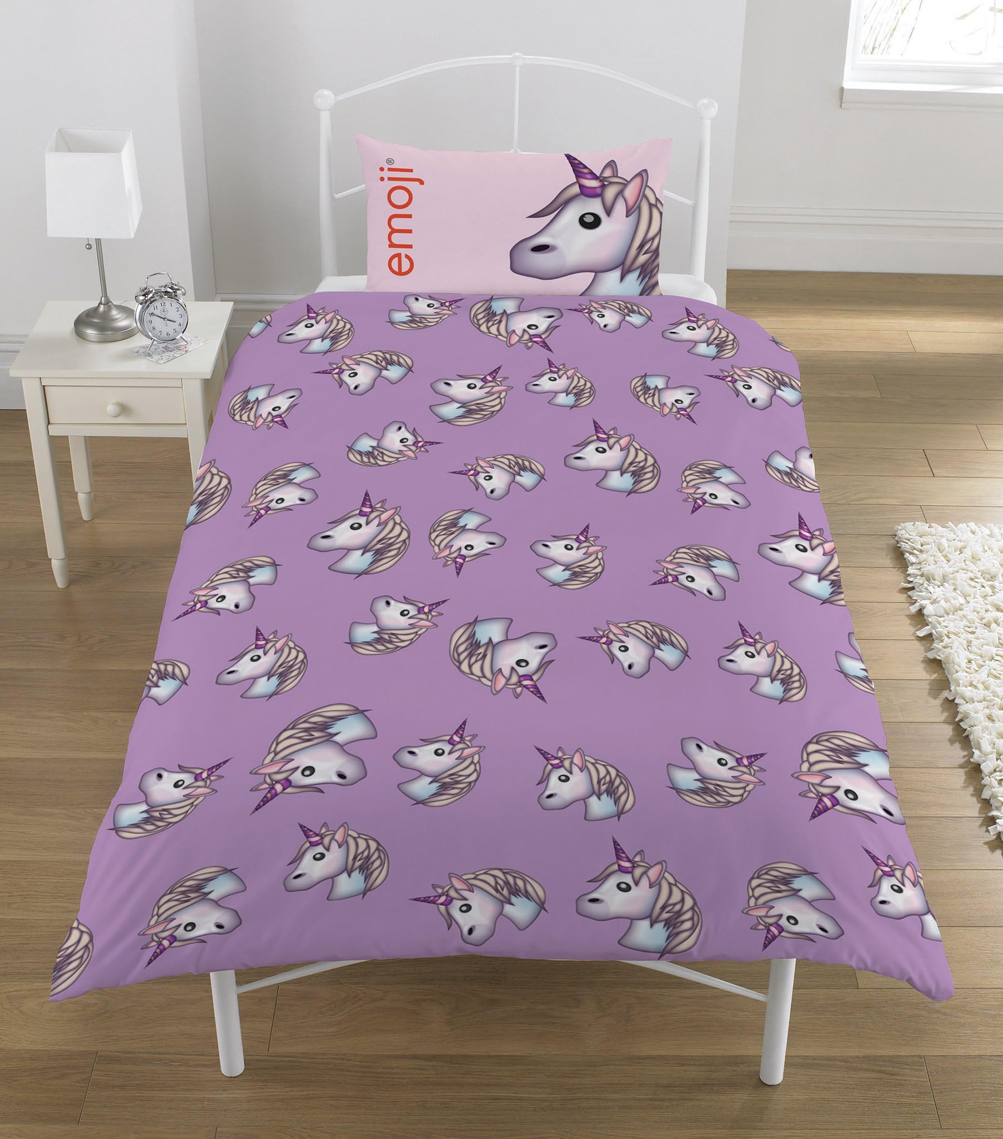 Emoji Unicorn Single Duvet Set, Polyester-Cotton, Lilac