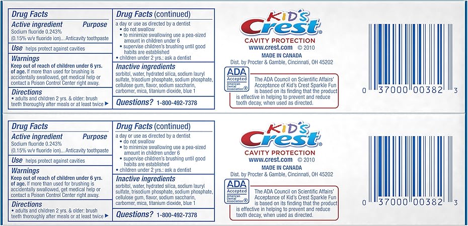 Crest Kid S Cavity Protection Toothpaste For Kids Children And Toddlers 2 Sparkle Fun Flavor 4 6 Ounces Pack Of 2 Amazon Ca Beauty