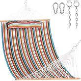 Lazy Daze Double Quilted Hammock with Pillow and Carabiners, Bright Stripe | 12FT 2 Person Outdoor Hammock with Hardwood Spreader Bars and Chains for Outside, 450lbs Weight Capacity