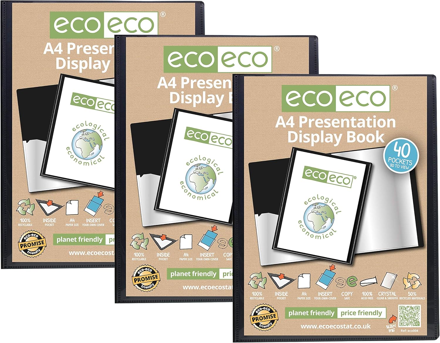 eco-eco A4 Size 50% Recycled 40 Pocket Black Presentation Display Book