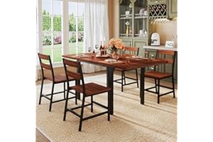 ALEXNUTRE Dining Table Set for 4, Extendable Kitchen Table Set with 4 Chairs, Curved Backrest, Dining Room Table with Solid Metal Frame & MDF Board, for Kitchen Room and Small Spaces, Easy Assembly, Walnut