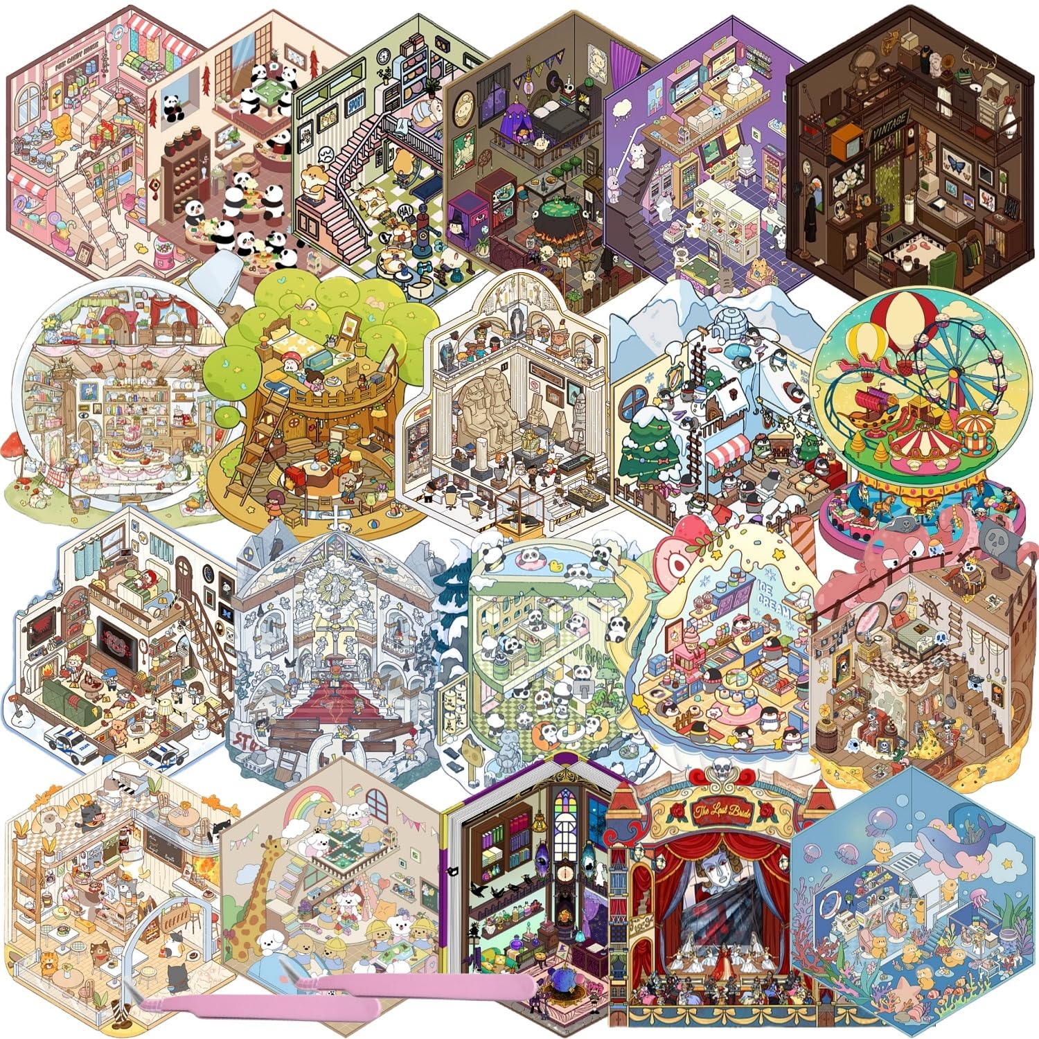 22 Set DIY 3D House Stickers with 2 Tweezers for Teens Adult Therapy Relief Stress Pass The Time,3D DIY Sticker Scene Reusable Make Your Own Miniature Shop Magic Study Room ect — image 1