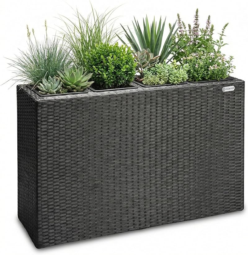 Casaria Flower Box 4 Inner Pots Polyrattan Rectangular Planter Black
