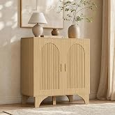 Mid Century Modern Buffet Cabinet Arched Doors Natural Storage Sideboard | Wooden Fluted Accent Storage Cabinet with Adjustable Shelves, Modular Sideboard Cupboard for Dining, Living Room &amp; Entryway