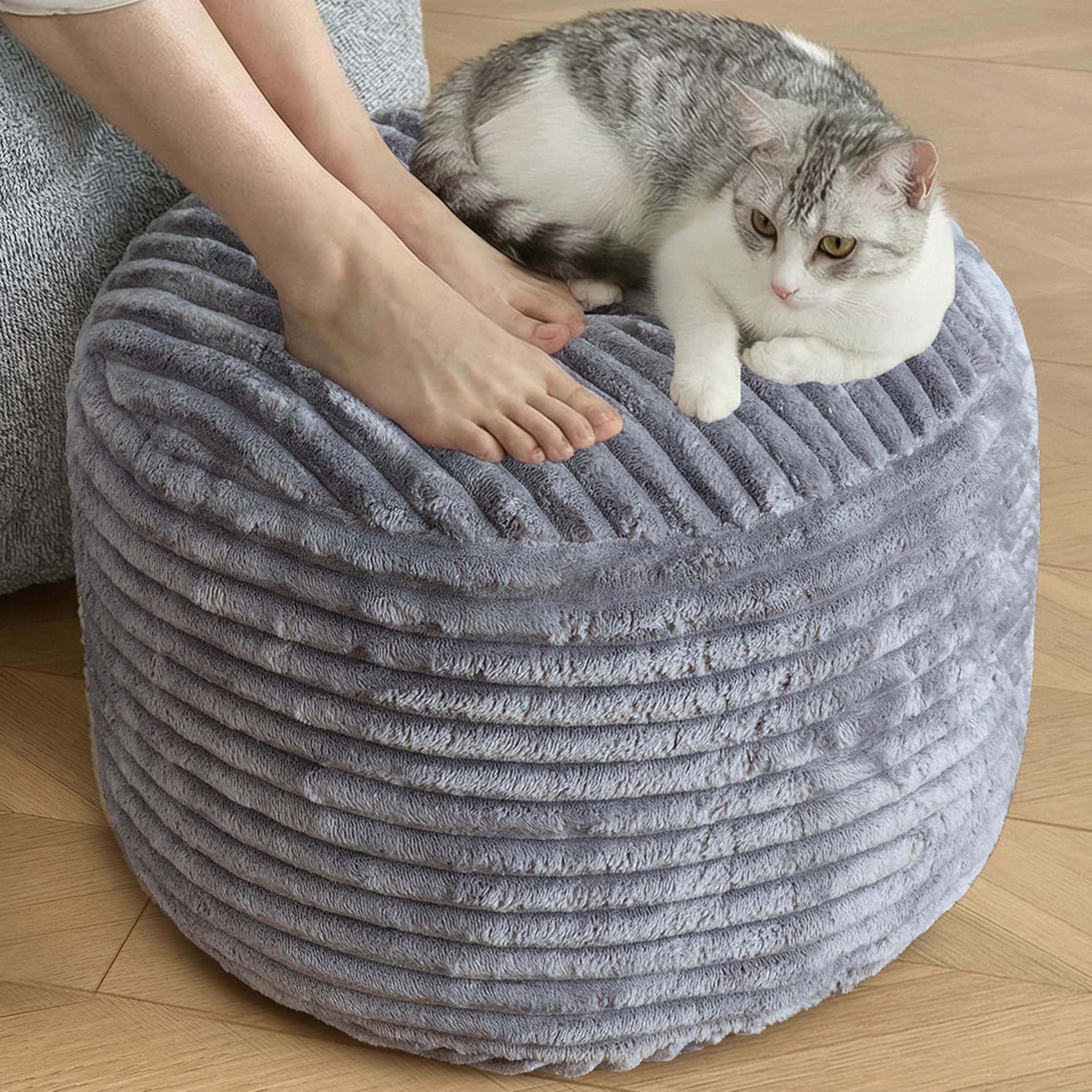 SHOUREN Stuffed Round Pouf Ottoman,Corduroy Foot Rest with Shredded Foam Filling, Lightweight and Fluffy Pouf Storage Ottoman for Living Room,Floor Poufs for Couch,20"x15", Dark Grey
