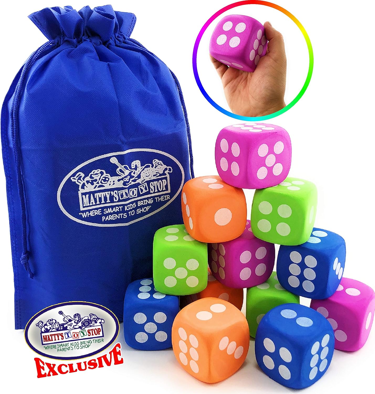 Deluxe Large 2.25" EVA Foam Dice (Pack of 12) with Bonus Matty's Toy Stop Storage