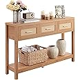 Alaxgumrol Console Table with Rattan 3 Drawers, Boho Entryway Table with Storage Shelf, Narrow Wood Sofa Table, 2 Tier Long Behind Couch Table for Living Room, Hallway, Foyer, Entrance, Bedroom